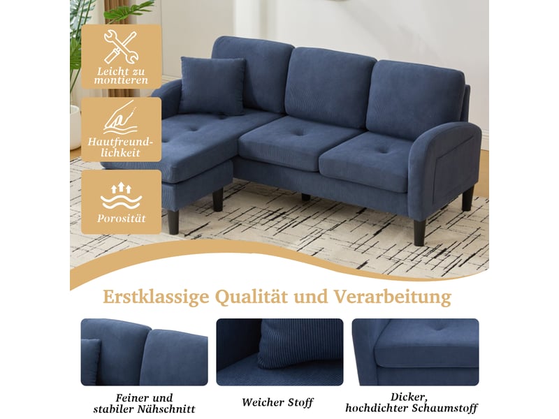 Canapé d'angle méridienne modulable 3 places tissu côtelé bleu avec coffre de rangement intégré  - Conforama D