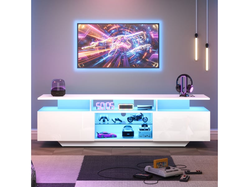 Meuble tv 160x40x50, avec 2 portes, rangement et éclairage led brillant meuble tv avec rangement  - Conforama B