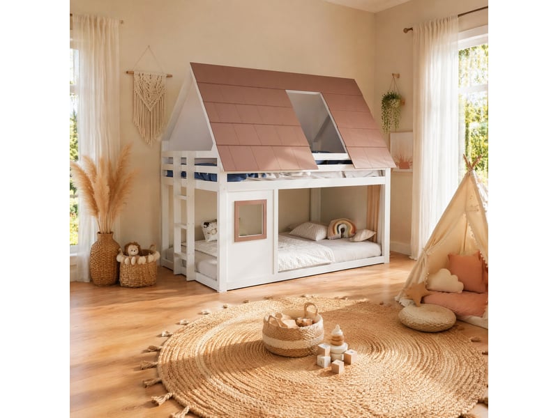  Lit superposé enfant 140×200 cm avec toit et échelle - okmyhome- sans matelas, pin et mdf blanc marron  - Conforama C