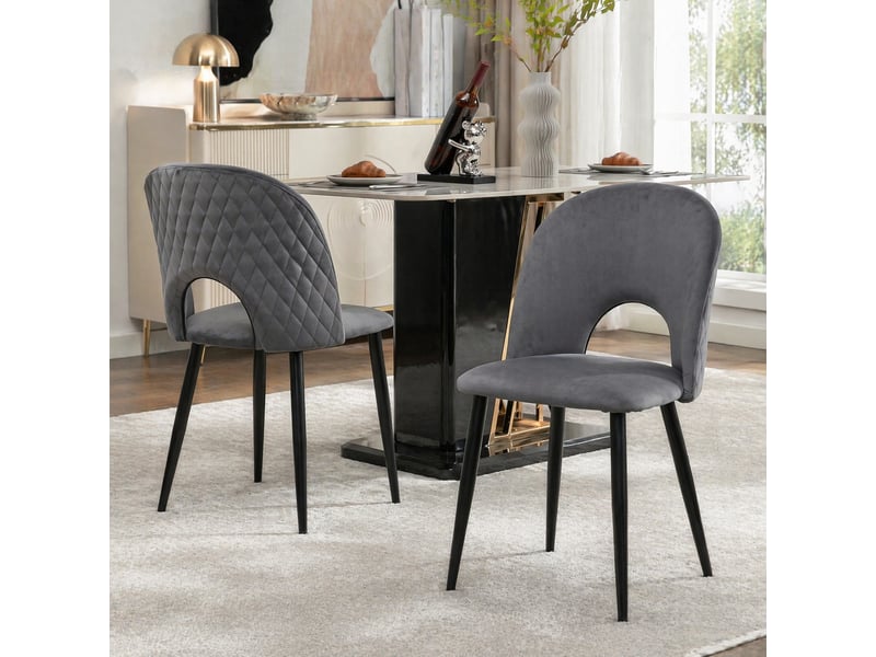  Lot de 2 chaises de salle à manger en velours gris, dossier à motif diamant et pieds réglables en métal  - Conforama D
