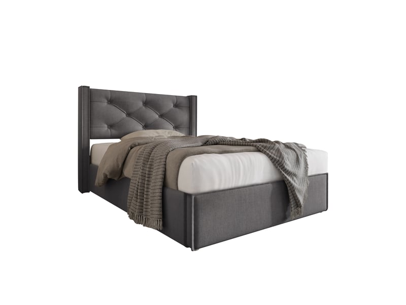  Lit rembourré 90x200cm avec rangement hydraulique, coton gris, sommier à lattes, livré sans matelas, design confortable  - Conforama A