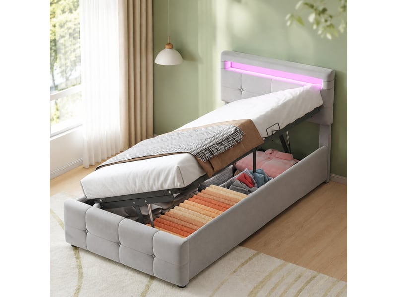  Lit enfant coffre 90x200 cm à led, tête réglable, velours gris  - Conforama C