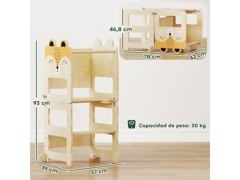  Tour d'apprentissage pliable 3 en 1 transformable en bureau et chaise avec tableau noir, motif renard naturel  - Conforama D