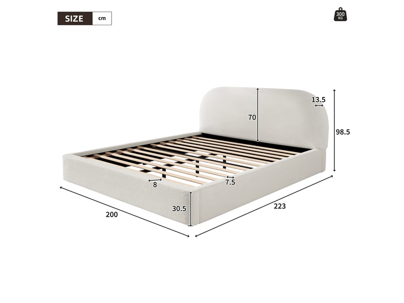  Lit adulte 180x200 cm en bouclette beige avec sommier à lattes et tête rembourrée  - Conforama C