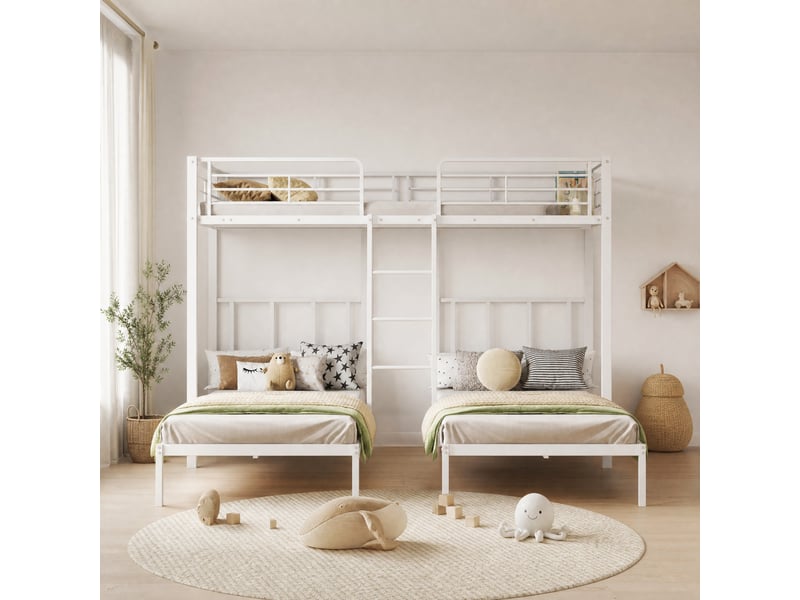  Lit superposé 3 places en métal avec échelle, barrière et tablette, 90x200 cm pour chaque couchage, sans matelas, blanc  - Conforama B