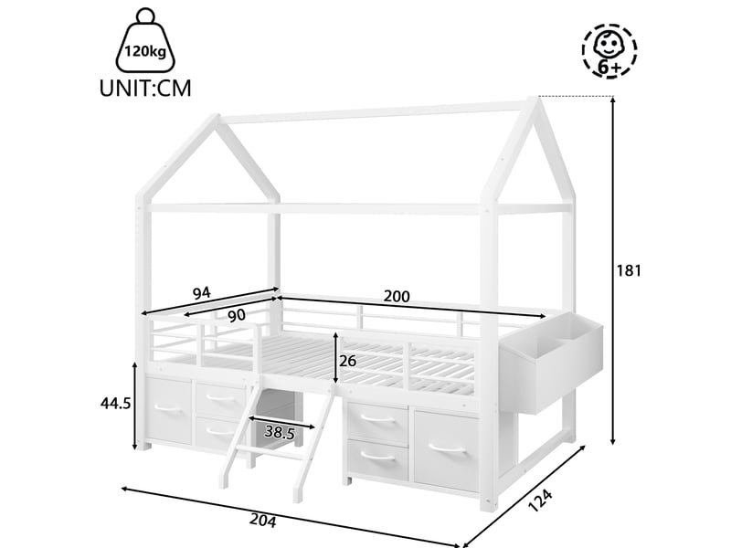  Lit mezzanine enfant modenvie toit maison 90 x 200 cm avec rangements led métal mdf blanc  - Conforama C