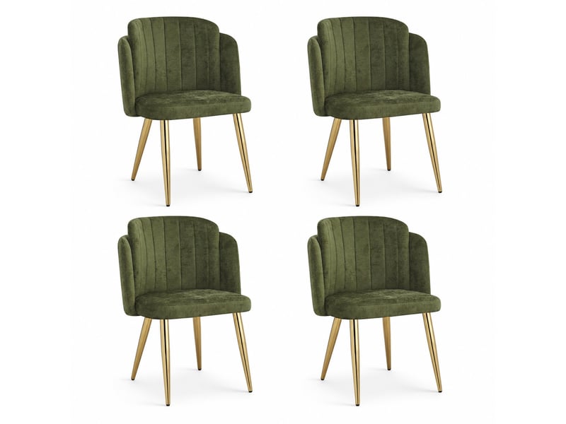  Lot de 4 chaises de salle à manger rembourrées vertes, dossier enveloppant incurvé, pieds métal doré, patins réglables, charge 125 kg, modernes  - Conforama A