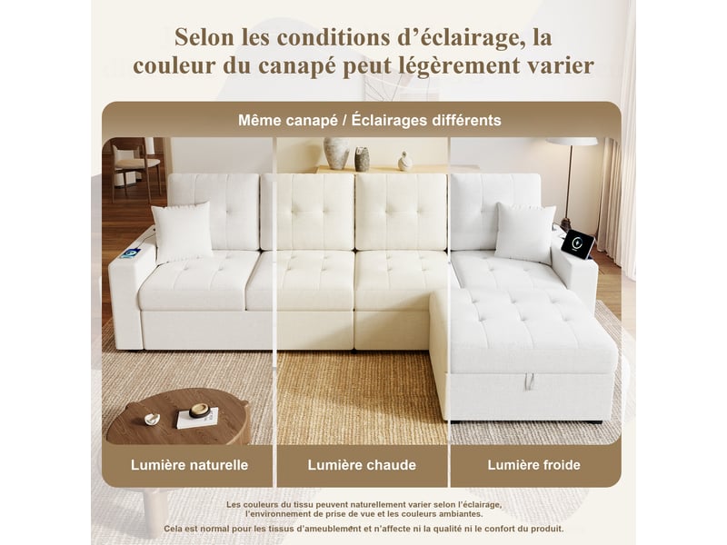 Canapé modulable 4 places beige en tissu 253 x 144,5 x 80,7 cm avec pouf coffre, rangements, usb-c et led salon ZR20634B - Conforama W