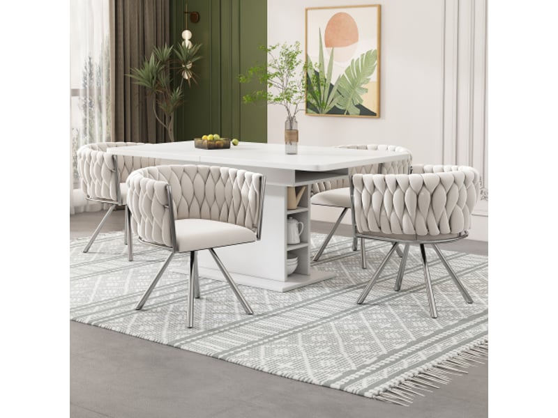 Lot de 4 chaises de salle à manger, chaise pivotante en velours avec 4 pieds de support en métal, beige et argent - Conforama B