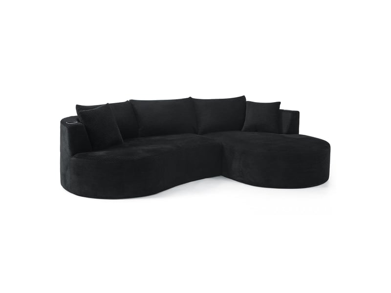  Canapé droit 3 places avec porte-gobelets et coussins  - forme arrondie velours côtelé noir  - Conforama A