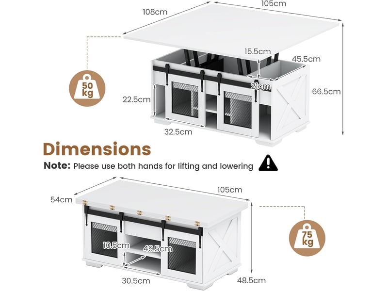  Table basse relevable, 3 compartiments caché, 2 portes coulissantes, table de café industrielmoderne avec plateau relevable, charge 75 kg (blanc)  - Conforama D