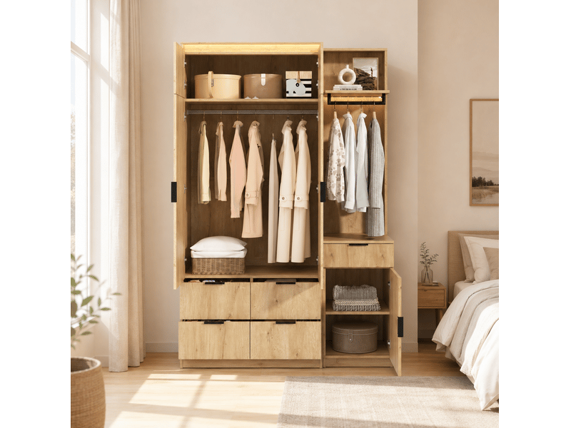  Armoire d’entrée avec miroir, 2 tringles, 5 tiroirs et 3 éclairages led moderne en mdf décor chêne 135 × 47 × 200 cm  - Conforama E