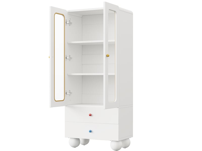 Bibliothèque vitrée 2 portes, 2 tiroirs, étagères, poignées céramique, chambre enfant, blanc, 60 × 35 × 140 cm - Conforama E