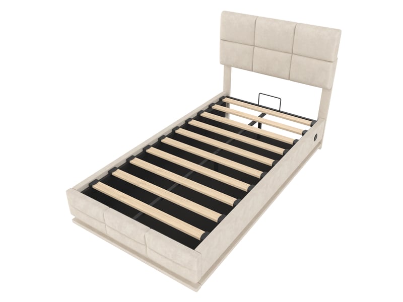  Lit coffre rembourré 90x200 cm beige en velours, led, usbtype-c, rangement xxl  - Conforama E