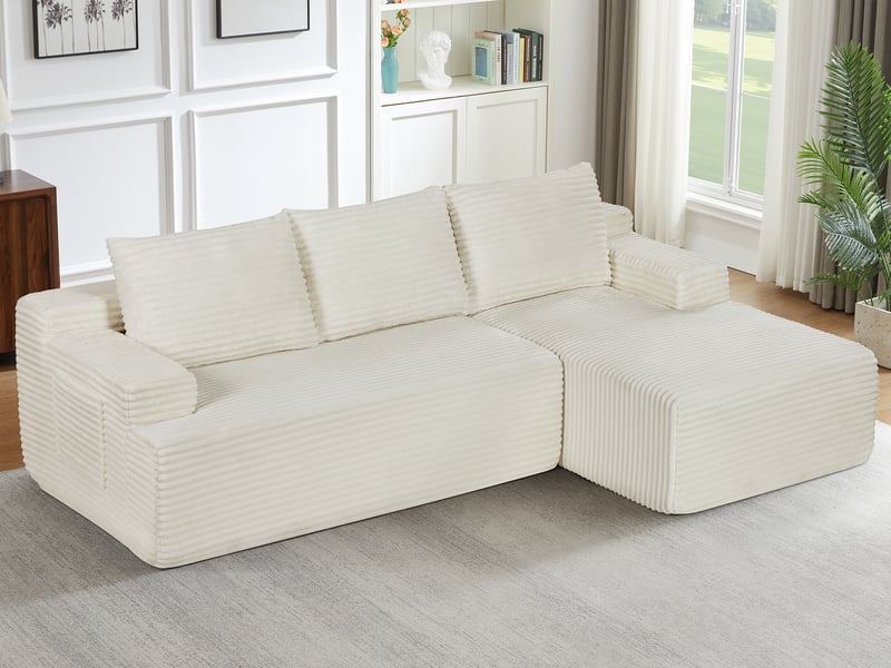 Canapé d’angle 4 places beige clair en velours côtelé, style nuage avec méridienne gauche, modulable et convertible - Conforama B