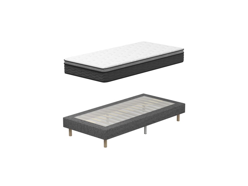  Sommier tapissé gris 90x200 + matelas ressorts ensachés 25 cm, 6 pieds fournis  - Conforama A