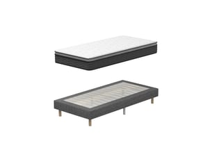 Sommier tapissé gris 90x200 + matelas ressorts ensachés 25 cm, 6 pieds fournis