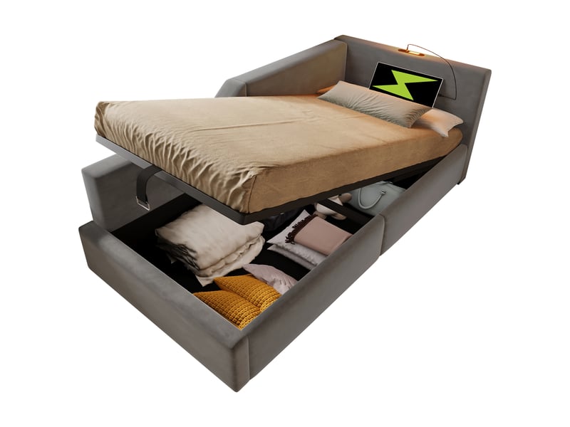  Lit de jour velours gris 90x190 cm lit coffre avec rangement, lampe de lecture et port usb-c  - Conforama A
