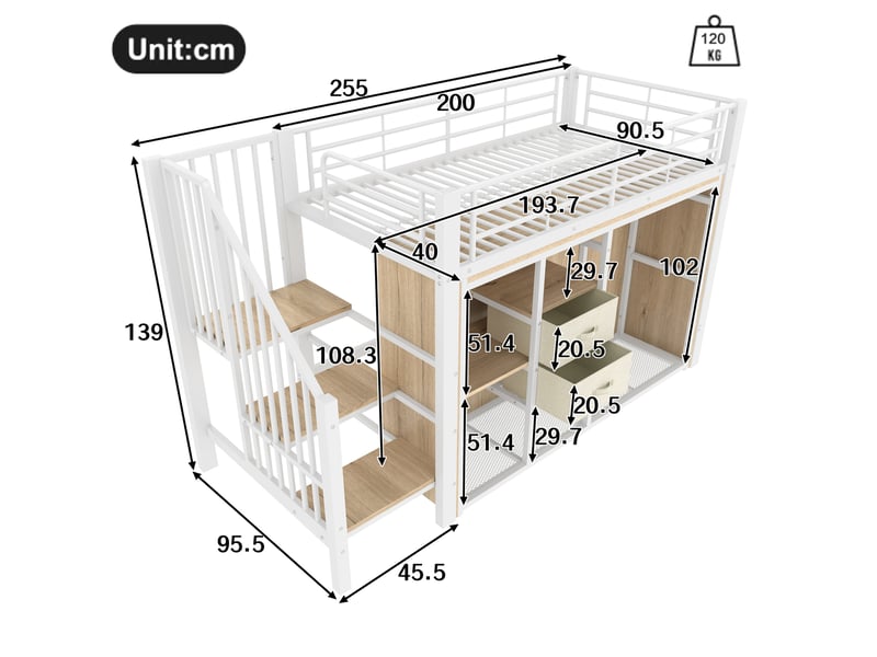 Lit mezzanine 90x200, 2 tiroirs, placard ouvert, led multicolore commandée, rangements, métal et mdf, blanc sans matelas - Conforama C