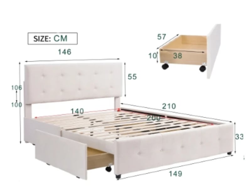  Lit capitonné 140×200, tiroirs + sommier, velours, beige, sans matelas  - Conforama C