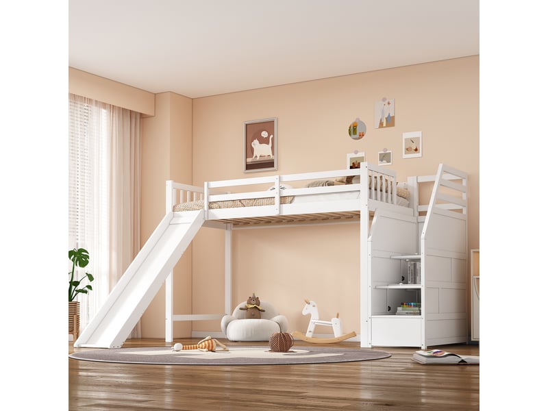 Lit mezzanine enfant 90 x 200 cm avec toboggan, escalier de rangement, pin massif et mdf, blanc, sans matelas - Conforama R