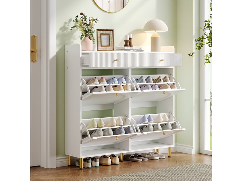 Meuble à chaussures 106,5x25x105,5 cm en mdf et panneaux de particules avec 4 abattants et 2 tiroirs blanc chicfurn  - Conforama E