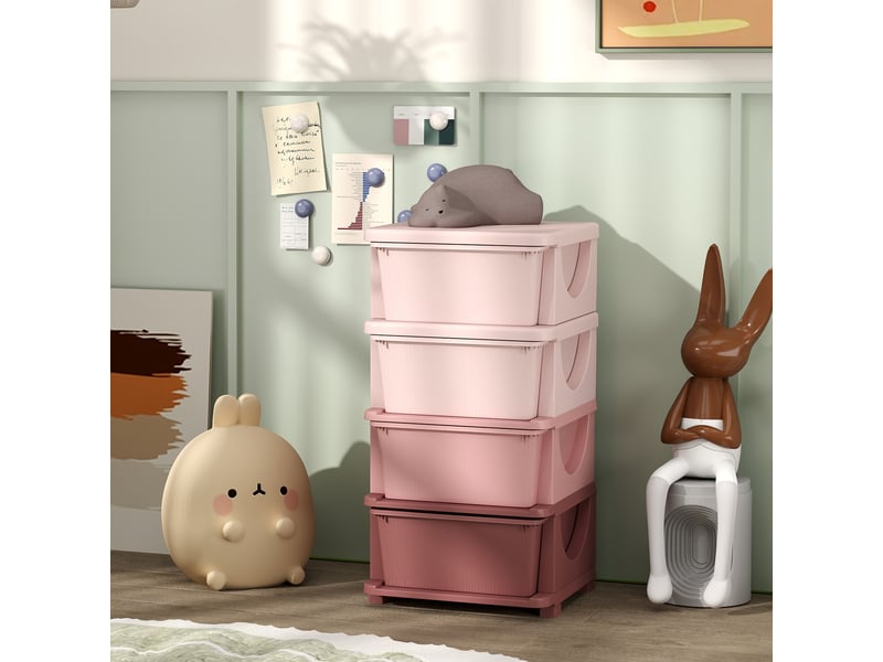  Organisateur de jouets pour enfants avec 4 tiroirs à 4 niveaux, boîtes de rangement en plastique, 37 x 37 x 76 cm, rose  - Conforama C