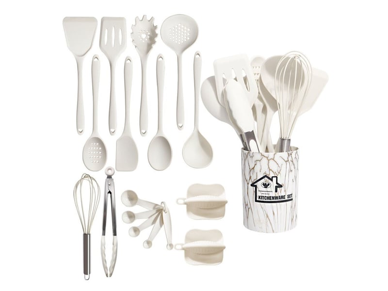  Ensemble ustensiles cuisine 18 pièces silicone résistant chaleur support manche bois blanc  - Conforama A