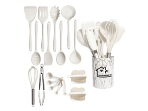 Ensemble ustensiles cuisine 18 pièces silicone résistant chaleur support manche bois blanc