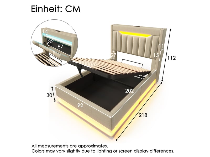  Lit coffre 1 place 90x200 cm avec led et ports usbtype-c, beige, revêtement en lin  - Conforama E