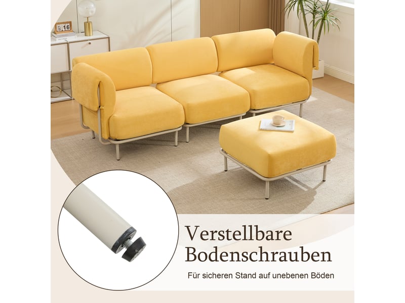  Canapé d'angle modulable 3 places en tissu chenille mangue, avec pouf, 251×155×78 cm, design nordique  - Conforama E