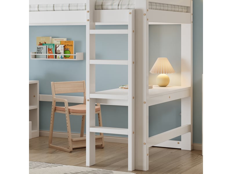  Lit superposé enfant avec bureau tiroirs et étagère 204x99x160 cm blanc bois massif et mdf couchage 90x200 cm Sol Morn - Conforama B