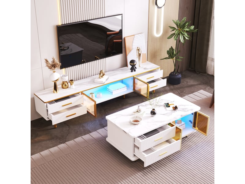  Meuble tv led 170 x 37 x 47,5 cm effet marbre, 4 tiroirs texturés, 2 portes en verre trempé et détails dorés  - Conforama D