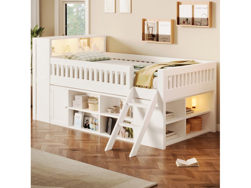  Lit simple 120 × 200 cm 1 place avec éclairage led, étagères et armoire, sans matelas, en bois blanc  - Conforama C