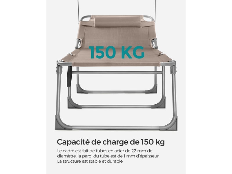  Lot de 2 transats de jardin pliables confortables avec dossiers inclinables 55 x 193 x 31 cm en tissu taupe  - Conforama E