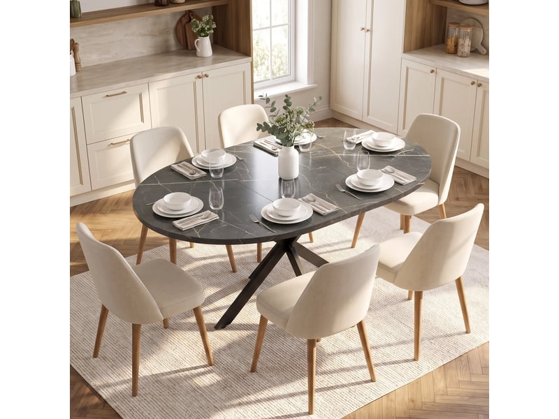  Table de salle à manger extensible 4-6 couverts avec rallonge papillon, piètement en x, marbre noir  - Conforama B