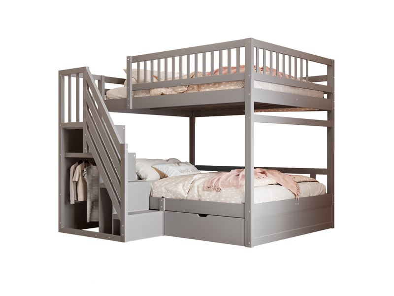  Lit superposé 140x200 cm, sécurité, échelle de rangement, tiroirs intégrés, bois, gris, sans matelas  - Conforama A