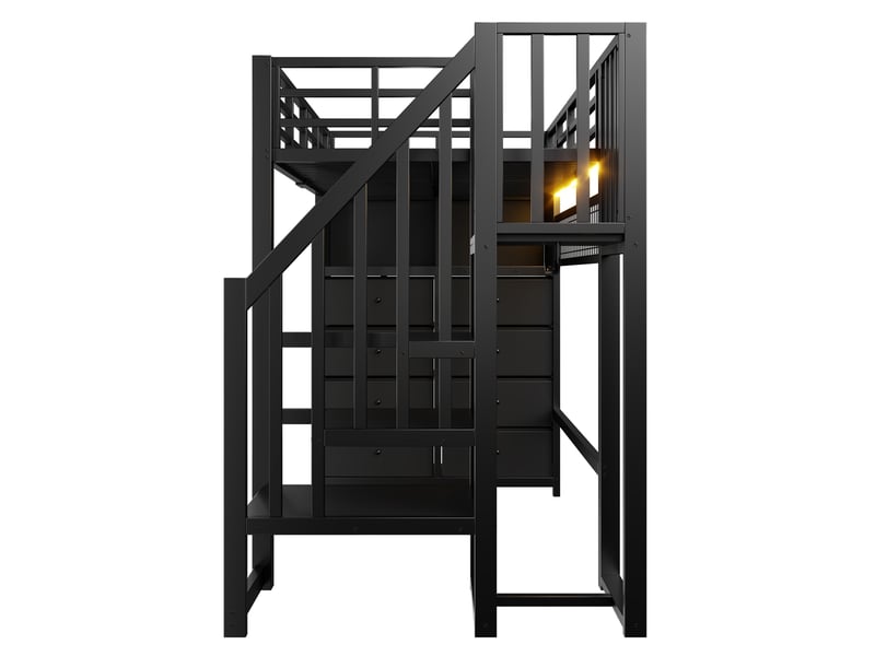  Lit mezzanine 90x200 cm avec 8 tiroirs, led, rangements, escalier intégré, garde-corps, métal mdf noir sans matelas  - Conforama E