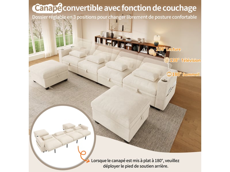  Canapé panoramique convertible 6 places en chenille beige, modulable ul avec 2 poufs de rangement, usbtype-c, dossier réglable, 278 x 148,5 x 88 cm  - Conforama E