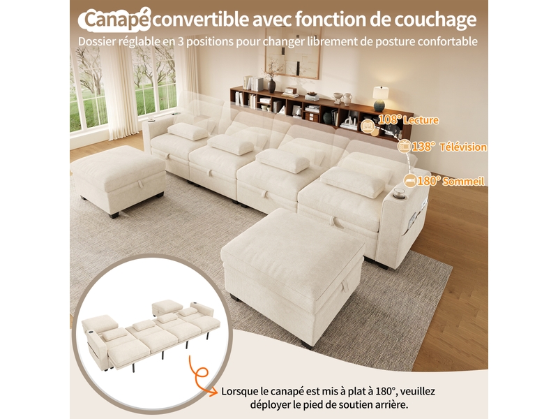  Canapé panoramique convertible 6 places en chenille beige, modulable ul avec 2 poufs de rangement, usbtype-c, dossier réglable, 278 x 148,5 x 88 cm  - Conforama E