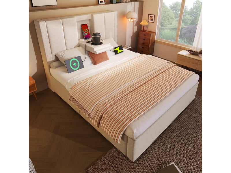 Lit coffre 90 × 200 en lin beige, porte-gobelet discret, usb et usb-c IKSETERA TRADING LTD - Conforama D