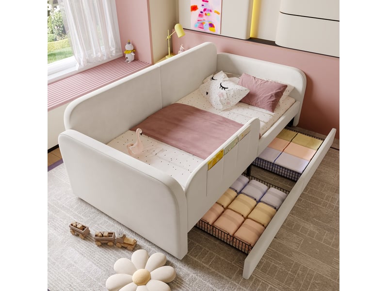  Lit raccordable enfant 90x200 cm, 2 tiroirs, 3 poches latérales, sommier métal à lattes, velours blanc, sans matelas  - Conforama W