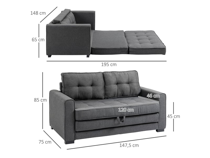 Canapé convertible 2 places avec couchage - structure en bois massif, polyester effet lin - gris - Conforama D
