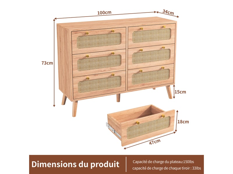  Commode 6 tiroirs, meuble de rangement en rotin, armoire buffet avec antichute et pieds surélevés, chiffonnier bois pour chambre, salon, 100x34x73 cm  - Conforama C