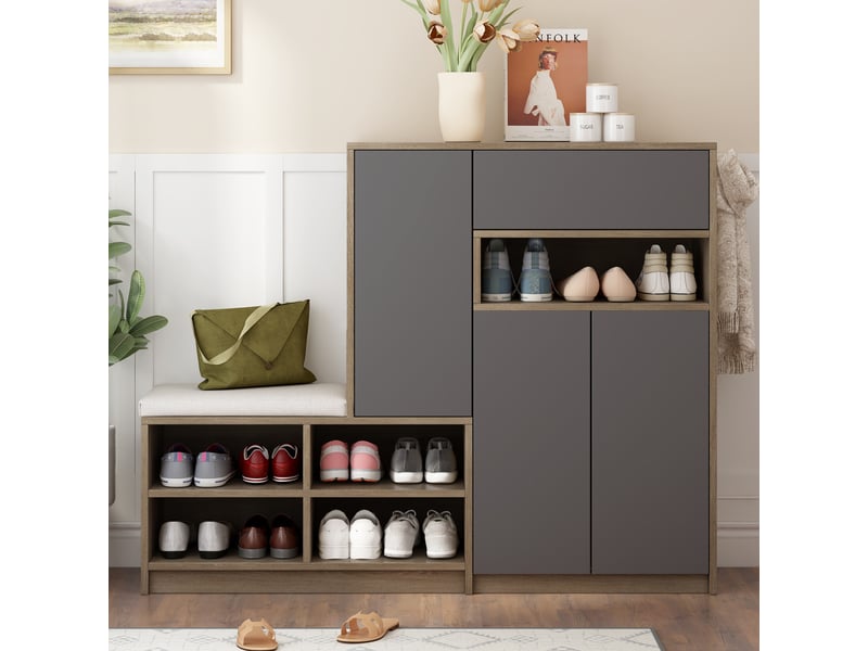  Meuble à chaussures avec banc rembourré 140x35x110 cm - avec étagères ajustables, 1 tiroir et niche - mdf - noir et bois  - Conforama D