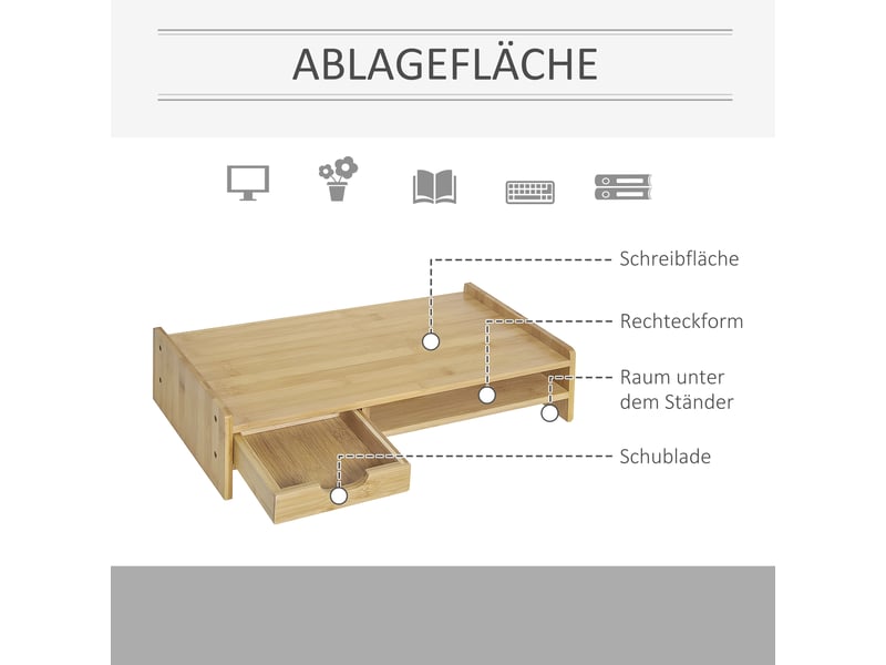  Support d'écran avec tiroir et compartiment en bambou naturel 49 x 25.5 x 11.5 cm  - Conforama D