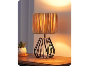 Lampe de table industrielle vintage t165 abat-jour en raphia noir e14 2700k 29 cm