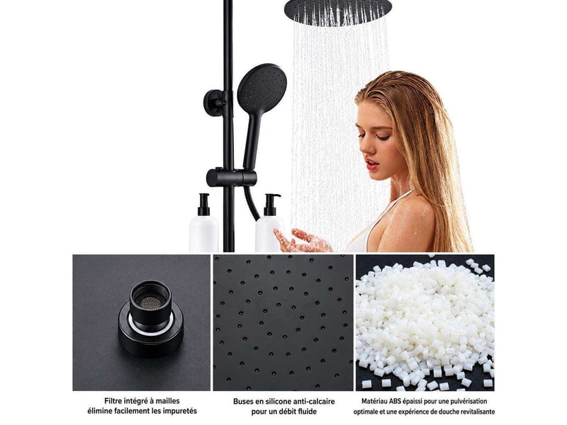  Colonne de douche noire hauteur réglable avec mitigeur et tablette – effet pluie  - Conforama C