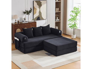 Canapé modulable, avec pouf, avec coussins, avec poches latérales, en velours côtelé, coloris noir, l200 x p190 x h67 cm