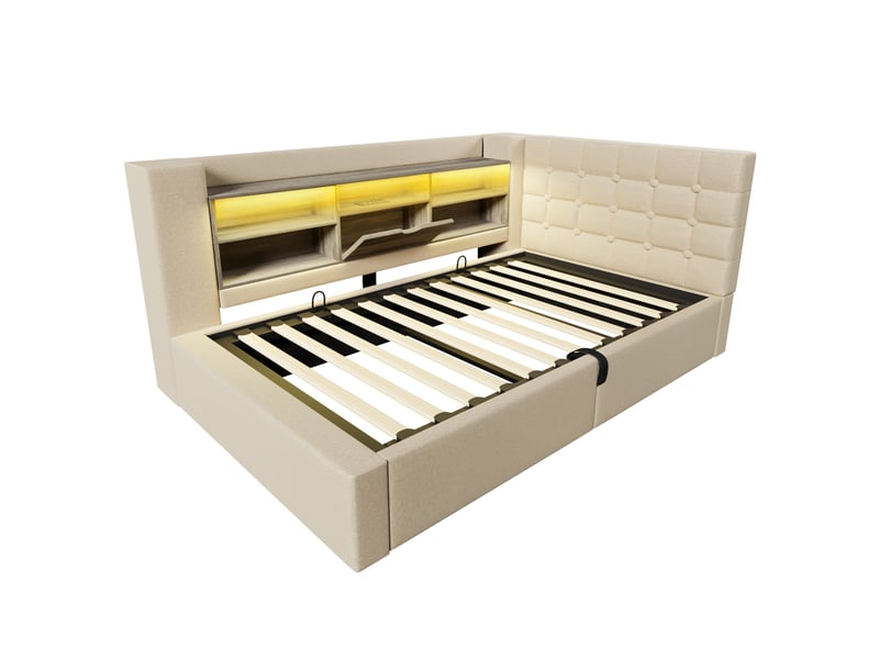  Lit coffre adulte 90x200 cm – beige – led, ports usb, tête de lit réversible et matelas h3 20 cm inclus  - Conforama D